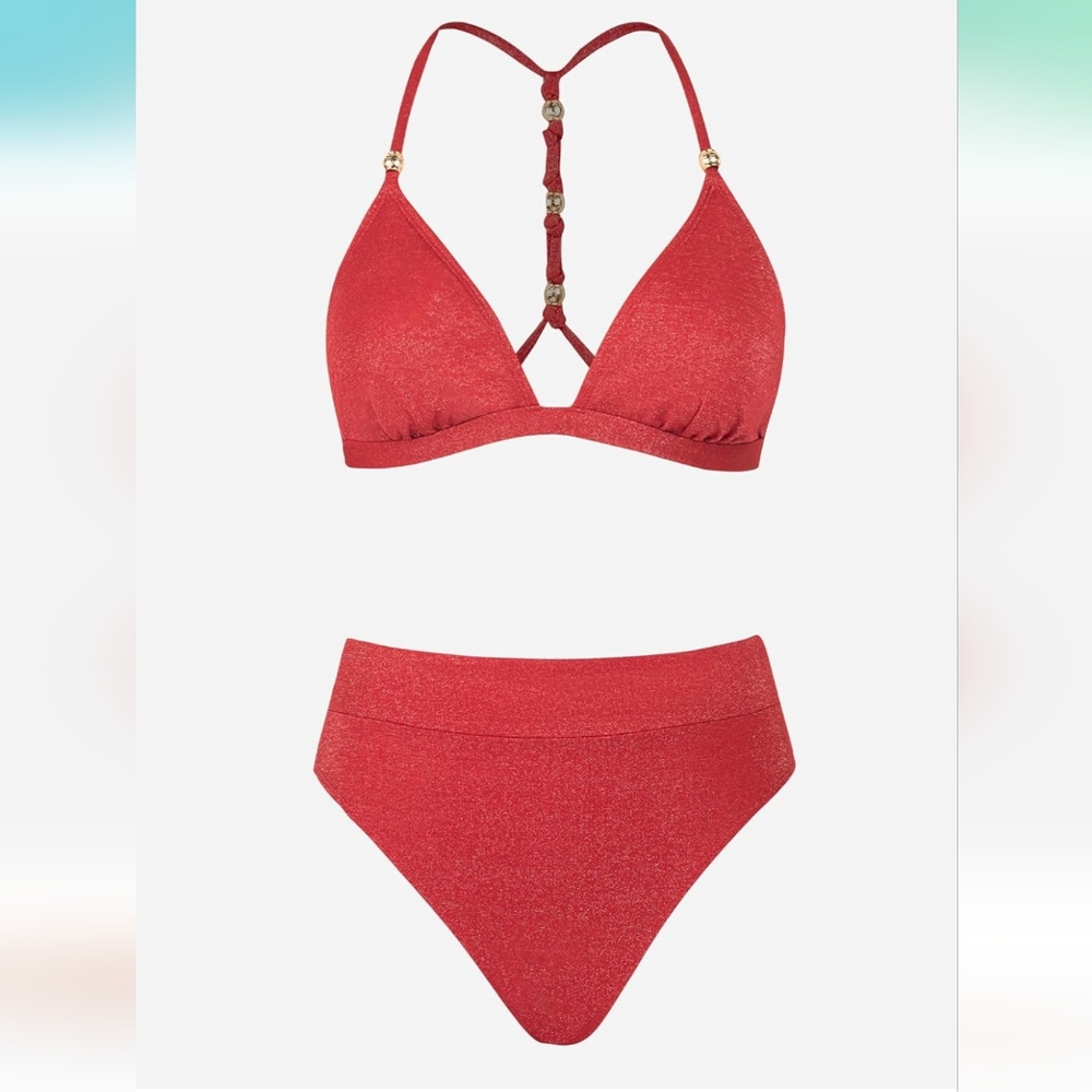 NWT Cupshe Red Sparkly Bikini High Waisted Cheeky Fit Triangle Top - Picture 4 of 9